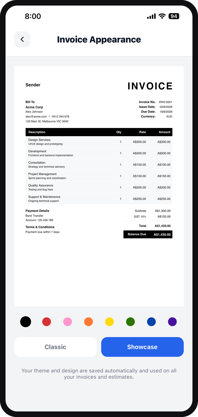 An invoice previewed in InvProx