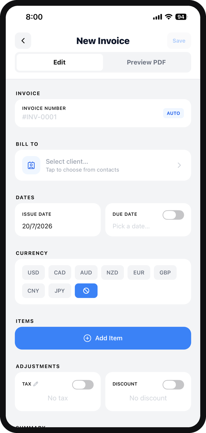 Creating an invoice in InvProx