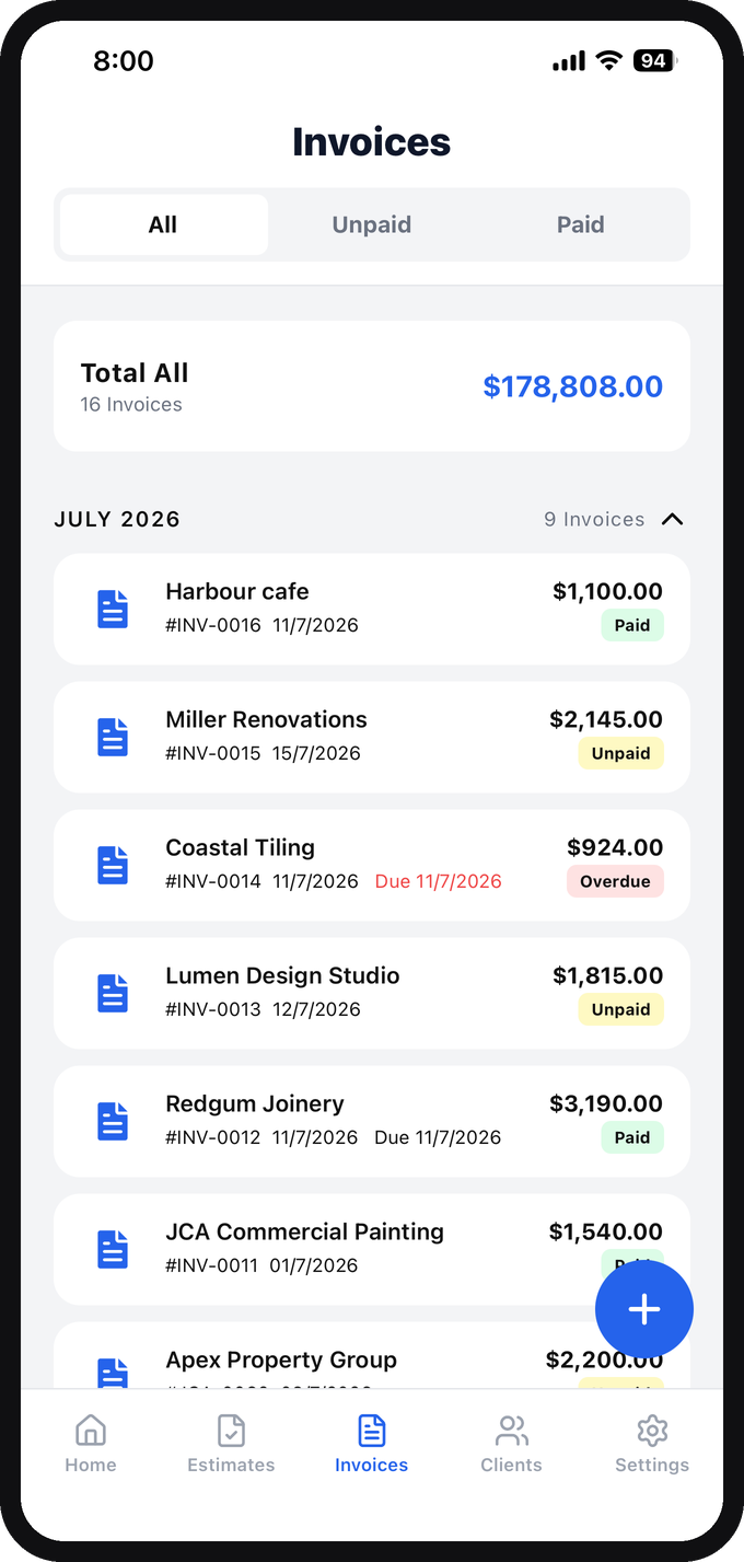Invoices grouped by month with running totals in InvProx